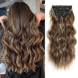 Vigorous Clip in Hair Extensions 20Inch Hair Extensions Clip Ins 6Pcs Natural Soft Synthetic Hairpieces for Women(Honey Blonde Mixed Chocolate Brown)