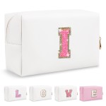 Small Personalized Initial A-Z Patch Makeup Bag,White Cute PU Leather Glitter Letter Cosmetic Bag for Teen Girls,Travel Toiletry Bag with Zipper,Preppy Monogrammed Birthday Gift for Daughter Niece C