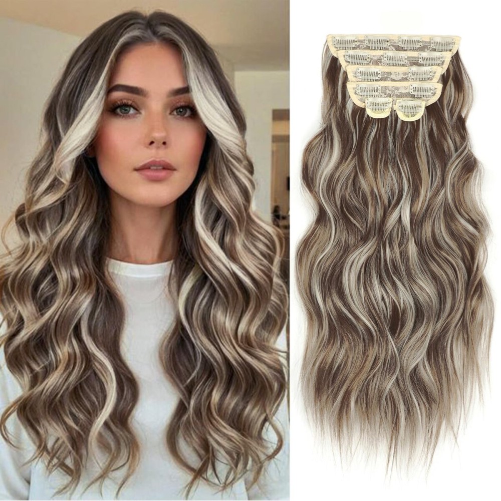 Vigorous Clip in Hair Extensions 6Pcs Hair Extension Clip Ins 20Inch Natural Soft Synthetic Hairpieces for Women(Light Brown & Ash Blonde)