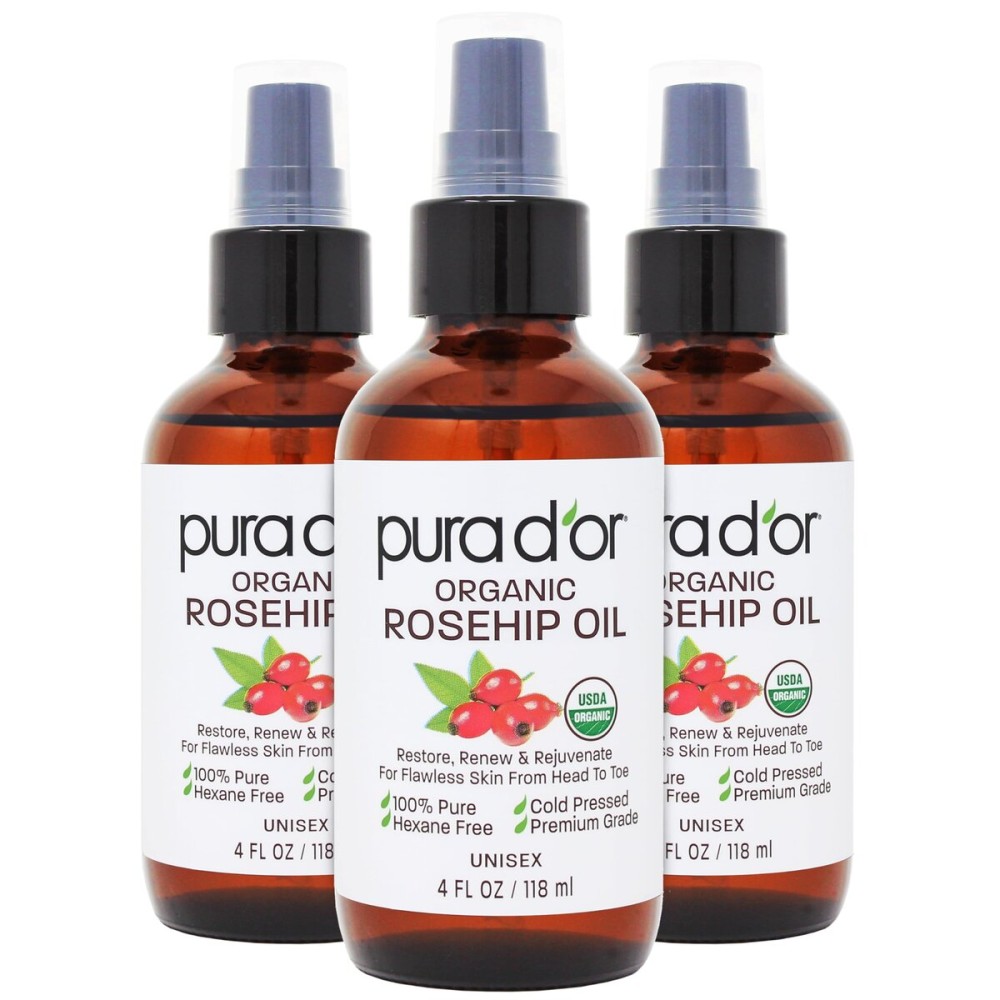 PURA D\'OR ORGANIC Rosehip Seed Oil Hair Relaxer (4 Oz x3 = 12 Oz) 100% Pure Cold Pressed USDA Certified All Natural Anti-Aging, Scar Treatment, Gua Sha Massage, Face, Hair & Skin - Women & Men