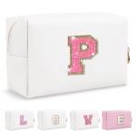 Small Personalized Initial A-Z Patch Makeup Bag,White Cute PU Leather Glitter Letter Cosmetic Bag for Teen Girls,Travel Toiletry Bag with Zipper,Preppy Monogrammed Birthday Gift for Daughter Niece P