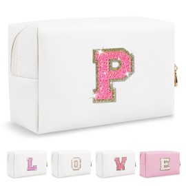 Small Personalized Initial A-Z Patch Makeup Bag,White Cute PU Leather Glitter Letter Cosmetic Bag for Teen Girls,Travel Toiletry Bag with Zipper,Preppy Monogrammed Birthday Gift for Daughter Niece P