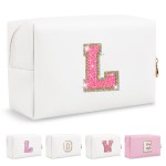 Small Personalized Initial A-Z Patch Makeup Bag,White Cute PU Leather Glitter Letter Cosmetic Bag for Teen Girls,Travel Toiletry Bag with Zipper,Preppy Monogrammed Birthday Gift for Daughter Niece L