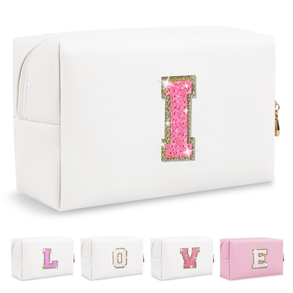 Small Personalized Initial A-Z Patch Makeup Bag,White Cute PU Leather Glitter Letter Cosmetic Bag for Teen Girls,Travel Toiletry Bag with Zipper,Preppy Monogrammed Birthday Gift for Daughter Niece I