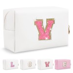 Small Personalized Initial A-Z Patch Makeup Bag,White Cute PU Leather Glitter Letter Cosmetic Bag for Teen Girls,Travel Toiletry Bag with Zipper,Preppy Monogrammed Birthday Gift for Daughter Niece V