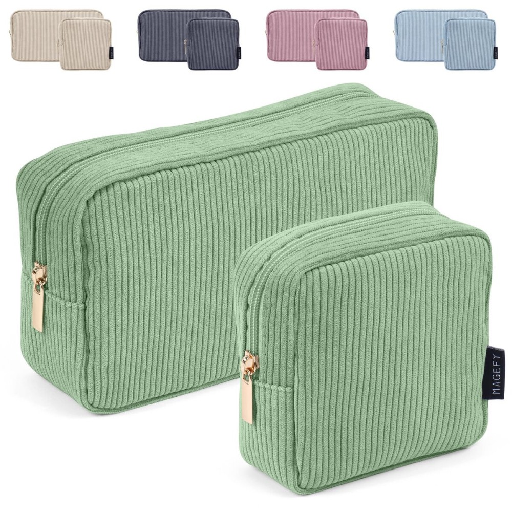 MAGEFY Makeup Bag for Purse, 2 Pcs Corduroy Cosmetic Bag for Girls Women Small Travel Makeup Pouch with Zipper(Green)