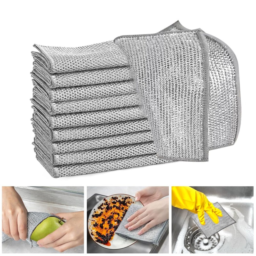 XANGNIER 10 Pcs Multipurpose Wire Dishwashing Rags for Wet and Dry,2024 New Multifunctional Non-Scratch Wire Dishcloth,Wire Cleaning Cloth,Non Scratching Metal Wire Rag for Kitchen,Counter,Dishes,Sink