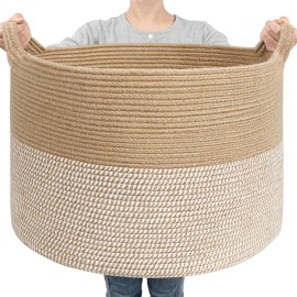 Goodpick Large Woven Storage Basket 21.7x13.8 Inch, White & Jute Laundry Hamper with Handles for Clothes, Blankets, Pillows, Blanket Basket for Living Room, Bedroom