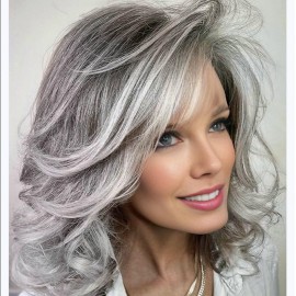 XIUFAXIRUSI XIUFAXIRUSI Medium Grey Wavy Bob Wigs for Women Gray to White Layered Wig Old Lady Synthetic Wig for Daily Party Costume Halloween Use