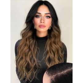 AISI HAIR Brown Wig for Women, Long Wavy Black To Brown Lace Hairline Middle Part Synthetic Heat Resistant Wig for Daily Party-26 Inch