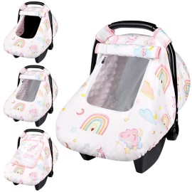 Baby Carseat Cover Girls, Pea Pod Unicorn Infant Car Seat Covers Canopy for Newborn with 2 Layers Windows of Breathable Mesh/Fabric, Lightweight Polyester/Minky Dot Backing, Snug Fit