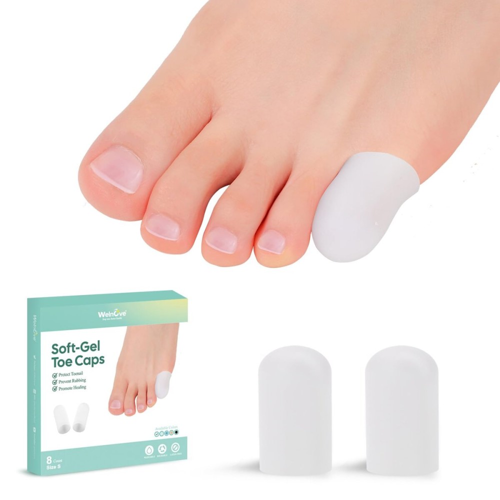 Welnove Gel Toe Cap and Protector - Silicone Toe Covers - Toe Cushions for Pain Relief, Missing or Ingrown Toenails, Corns, Calluses, Blisters (8 Small, White)