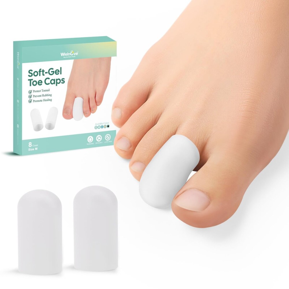 Welnove Gel Toe Cap and Protector - Silicone Toe Covers - Toe Cushions for Pain Relief, Missing or Ingrown Toenails, Corns, Calluses, Blisters (8 Medium, White)