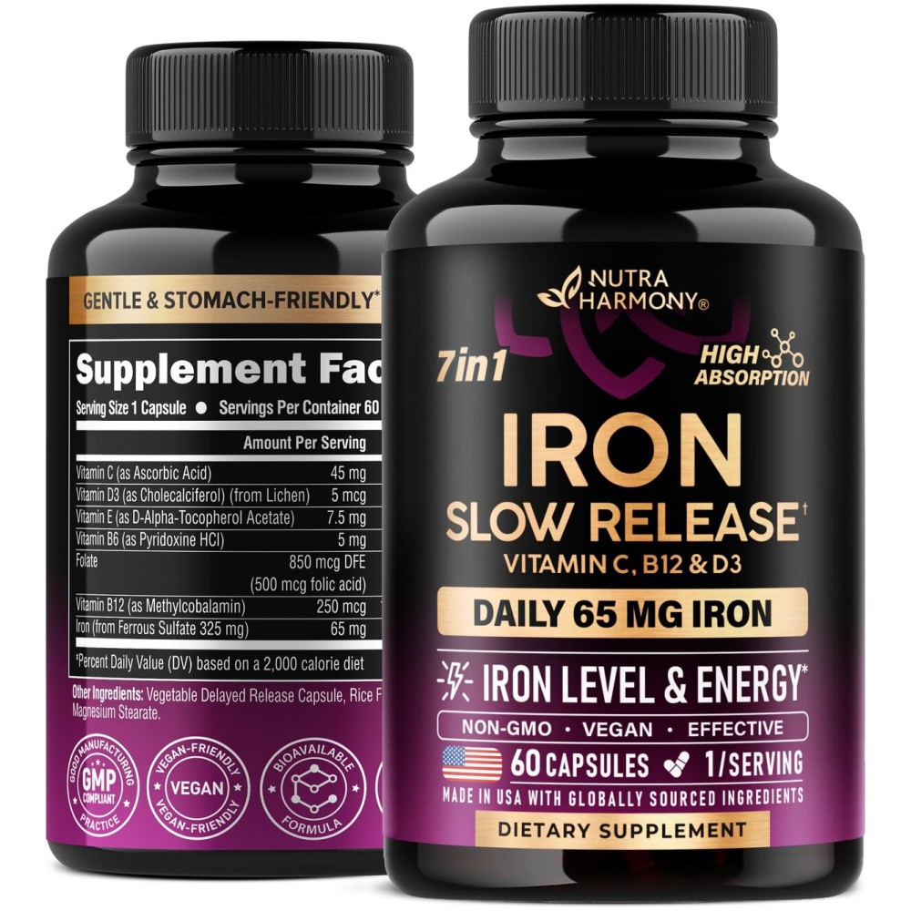 Iron Supplement for Women - Iron 65mg (Ferrous Sulfate 325mg) - Stomach Friendly | Slow Release Iron | High Absorption - Vitamins C, D3, B6, B12 & Folate - Iron Level & Energy Support - 60 Capsules