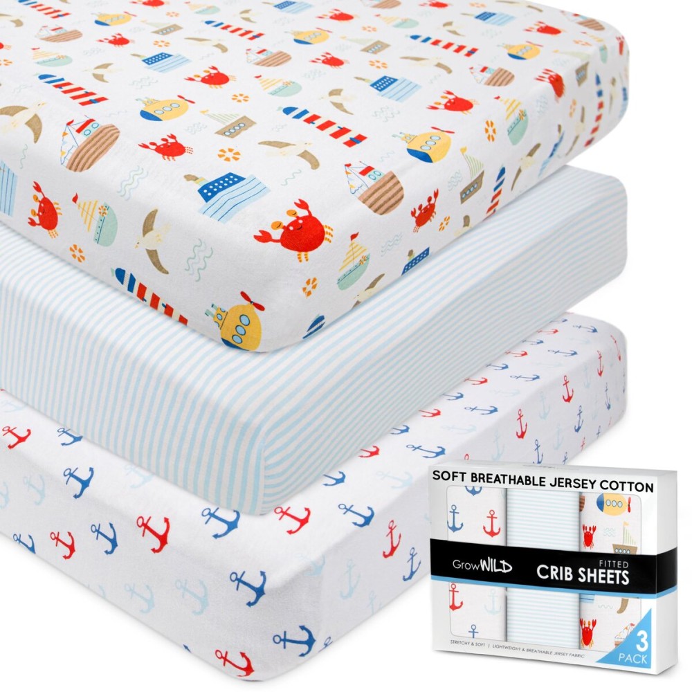 GROW WILD Nautical & Ships Baby Crib Sheets for Boys (3 Pack) - Jersey Knit Fitted Sheet (52 x 28), Toddler Bedding Set & Baby Boy Crib Bedding Set, Anchors and Ships with Stripes