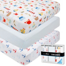 GROW WILD Nautical & Ships Baby Crib Sheets for Boys (3 Pack) - Jersey Knit Fitted Sheet (52 x 28), Toddler Bedding Set & Baby Boy Crib Bedding Set, Anchors and Ships with Stripes
