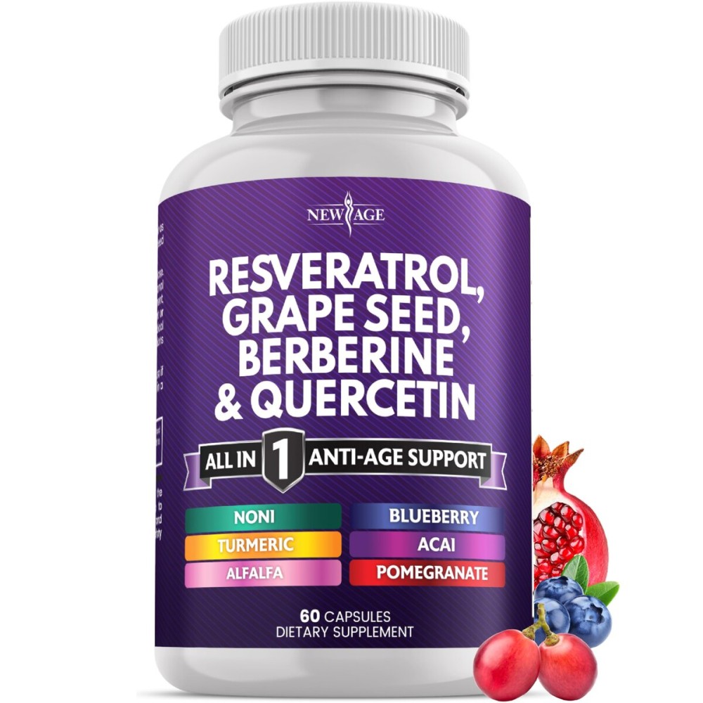 NEW AGE Resveratrol, Berberine, Grape Seed Extract, Quercetin - Polyphenol Supplement for Women and Men with Noni Extract, N-Acetyl Cysteine, Acai Extract - 60 Capsules