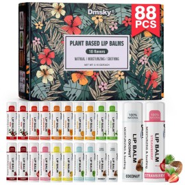 88 Pack Lip Balm Bulk, Fruit Lip Balm Variety Pack, Natural Moisturizing Balms for Dry Cracked Lips, Hydrating for Men Women Kids - 10 Flavors