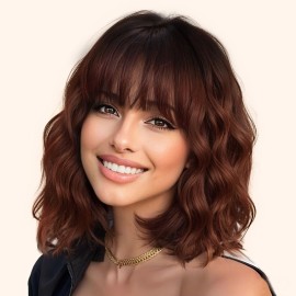 AISI HAIR Synthetic Wavy Curly Bob Wig with Bangs Ombre Reddish Brown Short Hair Wigs for Women Synthetic Heat Resistant Bob Wigs