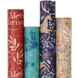 RUSPEPA Christmas Kraft Wrapping Paper - Reindeer, Berry Leaf and Text Design - 4 Rolls - 30 inches x 10 feet per Roll