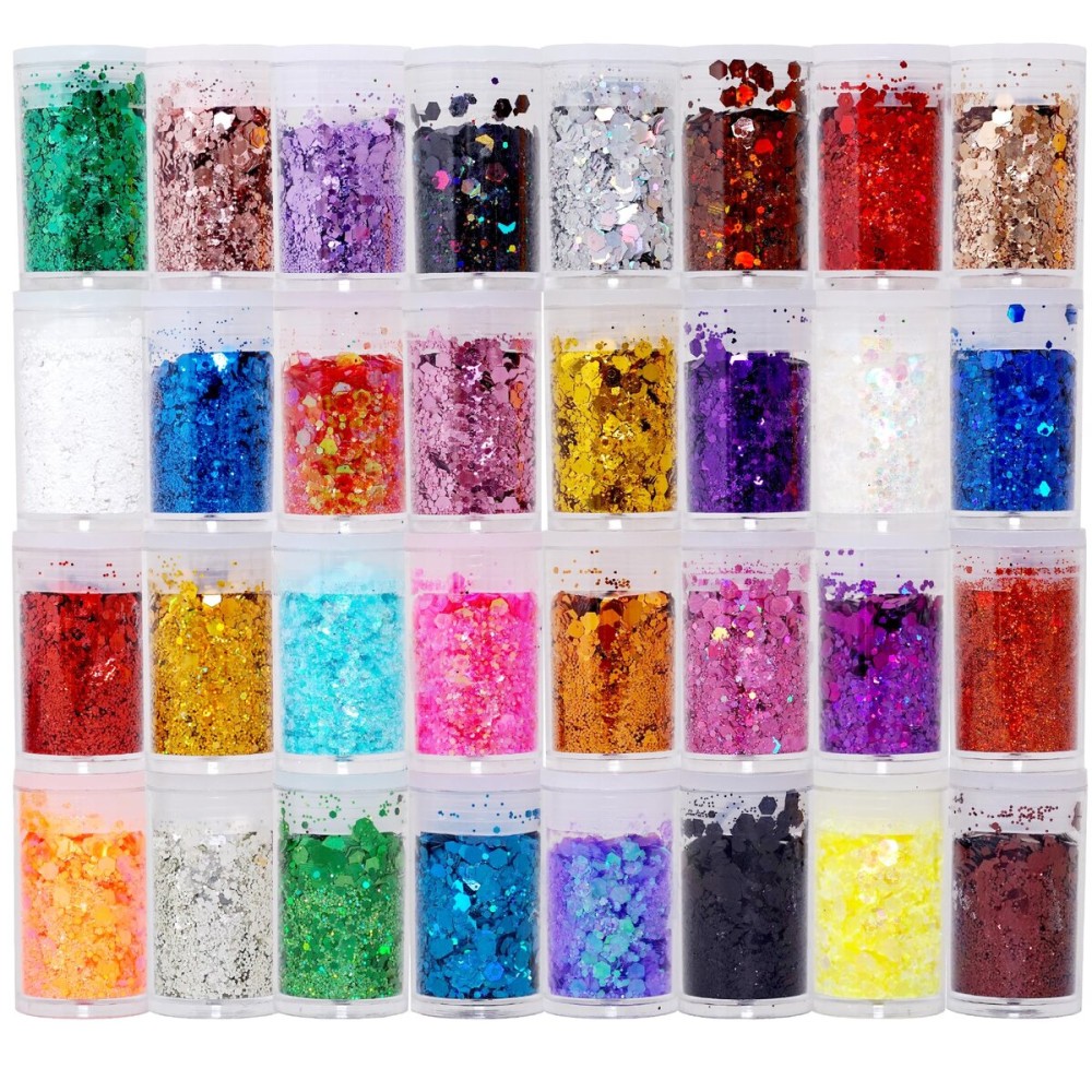 32 Pack Chunky Mix Holographic Glitter - Face Glitter, Nail Glitter, Chunky Fine Glitter, Craft Glitter for Crafts, Makeup & Body, Festival Chunky Glitter, Cosmetic Grade