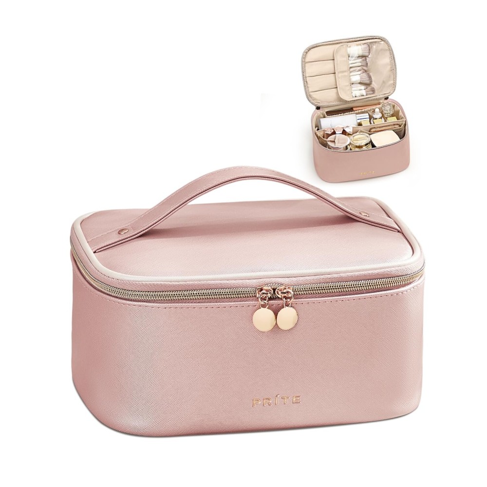 Prite Makeup Bag Portable Cosmetic Organizer with Brush Holder Waterproof Travel Toiletry Bag for Women with Handle and Divider (Pearl Pink)