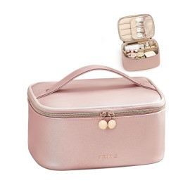 Prite Makeup Bag Portable Cosmetic Organizer with Brush Holder Waterproof Travel Toiletry Bag for Women with Handle and Divider (Pearl Pink)