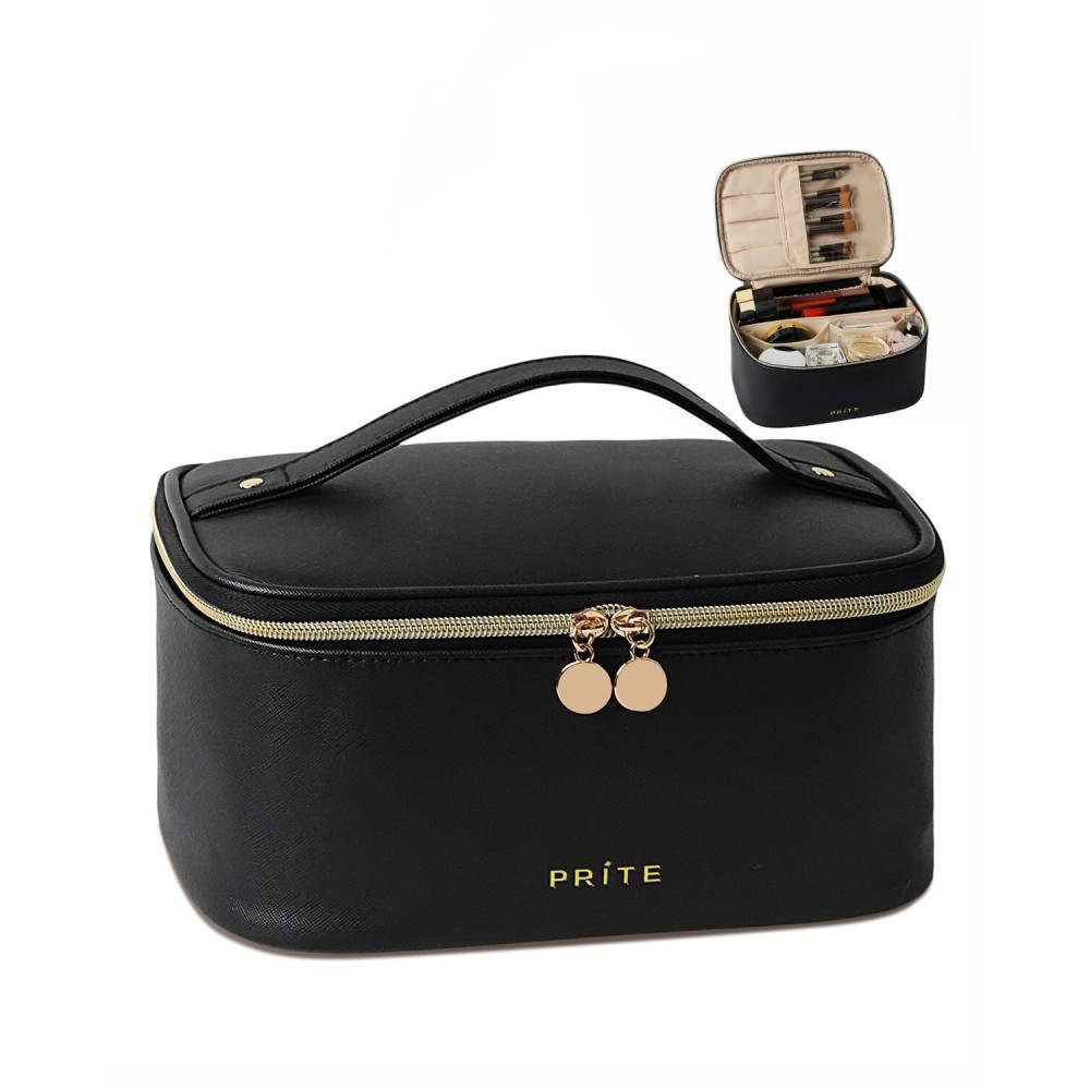 Prite Makeup Bag Portable Cosmetic Organizer with Brush Holder Waterproof Travel Toiletry Bag for Women with Handle and Divider (Black)