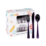 WDF 180 Pieces Black and Purple Halloween Plastic Silverware - Black Flatware Set Include 60 Forks, 60 Knives and 60 Spoons Heavy Duty Plastic Cutlery Purple Utensils for Halloween Party/Birthday