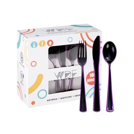 WDF 180 Pieces Black and Purple Halloween Plastic Silverware - Black Flatware Set Include 60 Forks, 60 Knives and 60 Spoons Heavy Duty Plastic Cutlery Purple Utensils for Halloween Party/Birthday