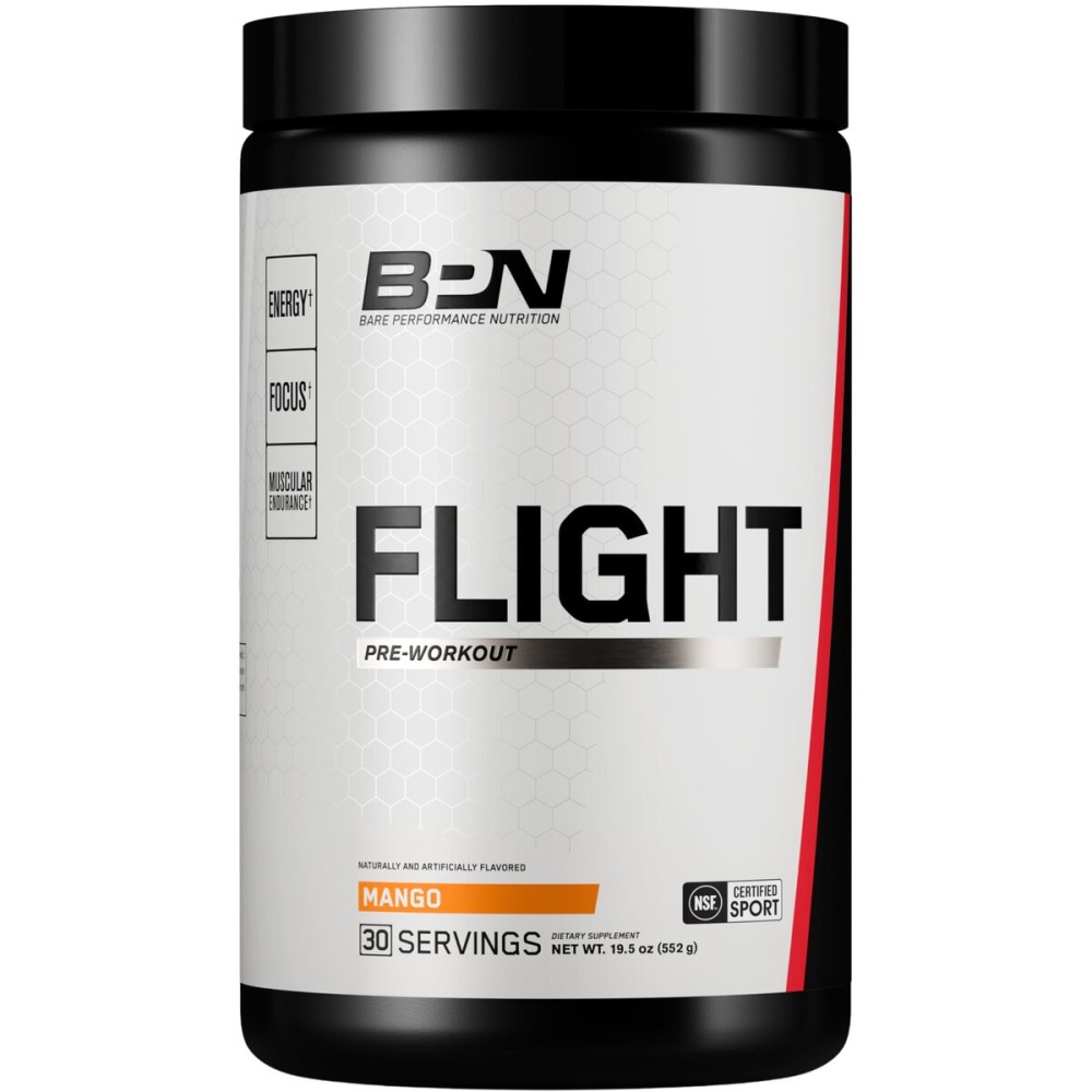 BARE PERFORMANCE NUTRITION BPN Flight Pre Workout, Supports Energy and Mental Focus, Improved Endurance & Muscle Pumps with CarnoSyn Beta Alanine, Mango, 30 Servings