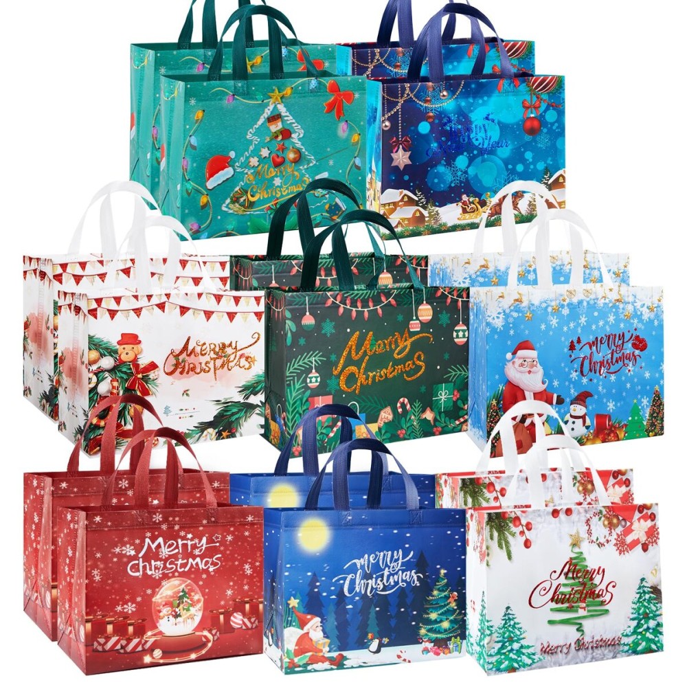 YANGTE 32 Pack Christmas Gift Bags with Handles, Large Non-Woven Tote Bags for Wrapping Xmas Party Favors, 12.8x9.8x6.7