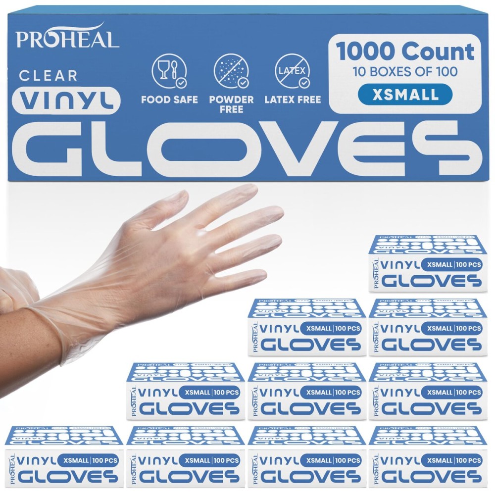 ProHeal Vinyl Disposable Gloves X Small - 1000 Count Case Clear Food Safe Cooking and Household Cleaning Gloves - Powder Free and Latex Free Kitchen Glove for Meal Prep and Food Service
