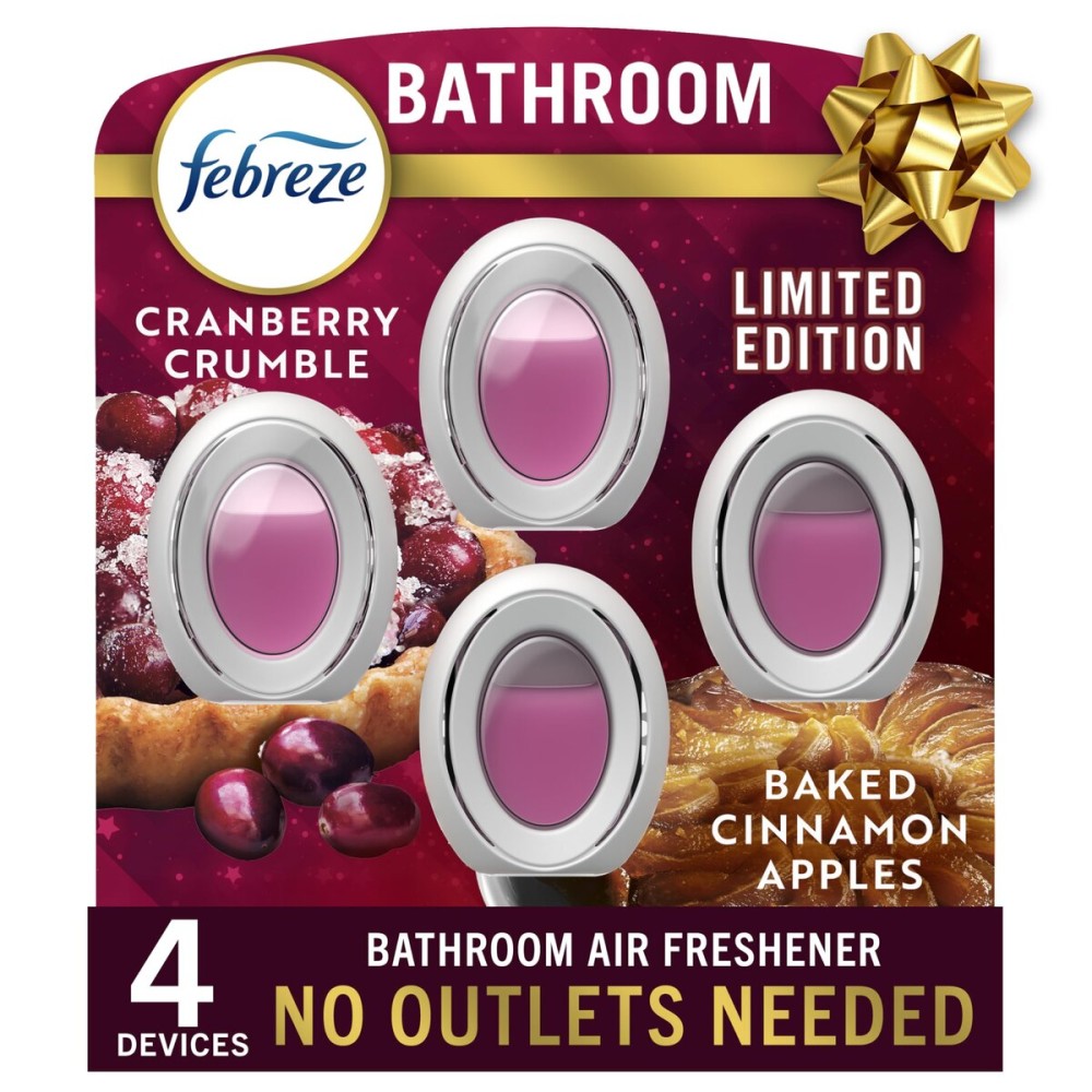 Febreze Bathroom Air Freshener, Odor-Fighting, Plug In Alternative, Air Fresheners for Home and Bathroom and Kitchen, Closet Air Fresheners, Baked Cinnamon Apples & Cranberry Crumble Scent, 4 Count