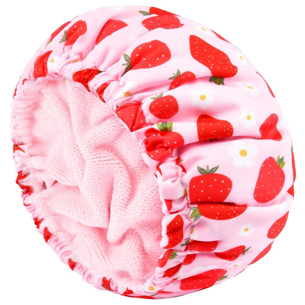 Shower Cap for Women Terry Lined Bath Cap Large Reusable Waterproof Elastic Band Pink Strawberry Shower Caps for Long Thick Hair Soft Bath Shower Hair Caps