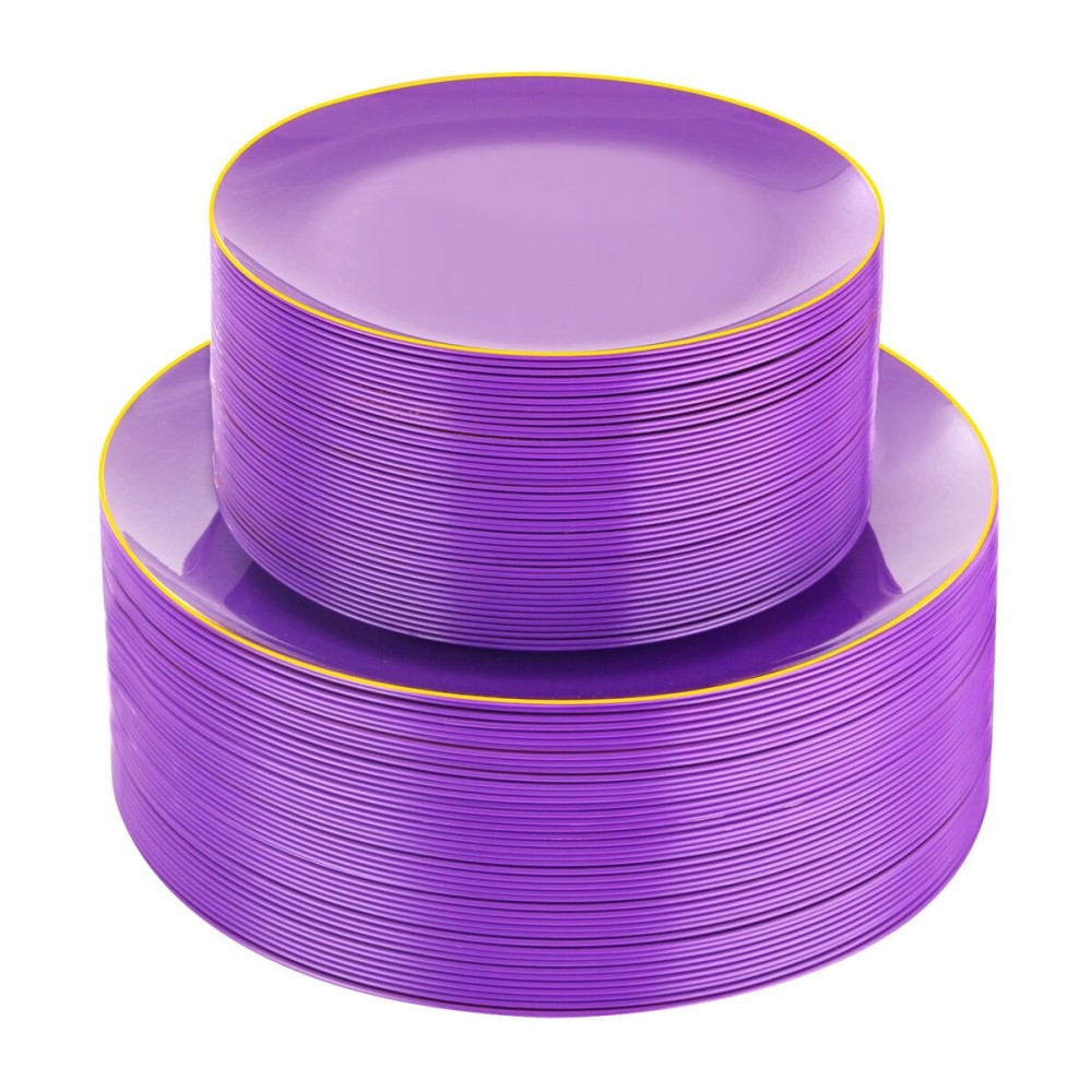 PULOTE 100PCS Purple Plastic Plates - Purple and Gold Disposable Include 50 Each (10.25 Inch Dinner & 7.5 Inch Dessert) Plates, Ideal for Party