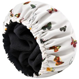 Shower Cap for Women Terry Lined Bath Cap Large Reusable Waterproof Elastic Band Butterfly Shower Caps for Long Thick Hair Soft Bath Shower Hair Caps