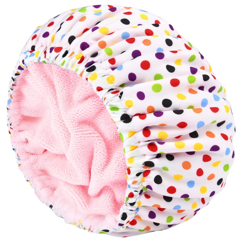 Shower Cap for Women Terry Lined Bath Cap Large Reusable Waterproof Elastic Band Pink Point Shower Caps for Long Thick Hair Soft Bath Shower Hair Caps