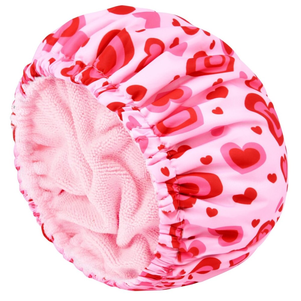 Shower Cap for Women Terry Lined Bath Cap Large Reusable Waterproof Elastic Band Pink Love Shower Caps for Long Thick Hair Soft Bath Shower Hair Caps