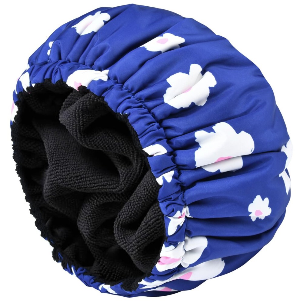 Shower Cap for Women Terry Lined Bath Cap Large Reusable Waterproof Elastic Band Blue Shower Caps for Long Thick Hair Soft Bath Shower Hair Caps