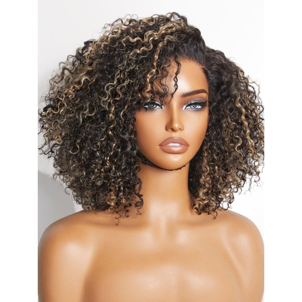 LUVME HAIR 10 Inch Blonde Highlight Short Curly Human Hair Wig Glueless Pre Plucked Left C Parted Ombre Bob Wig, Ready to Go Pre Cut HD Lace Closure Wig