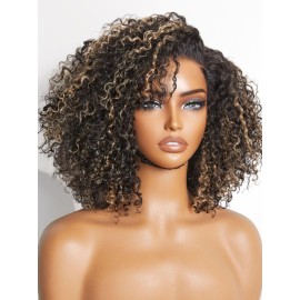 LUVME HAIR 10 Inch Blonde Highlight Short Curly Human Hair Wig Glueless Pre Plucked Left C Parted Ombre Bob Wig, Ready to Go Pre Cut HD Lace Closure Wig