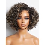 LUVME HAIR 8 Inch Blonde Highlight Short Curly Human Hair Wig Glueless Pre Plucked Left C Parted Ombre Bob Wig, Ready to Go Pre Cut HD Lace Closure Wig