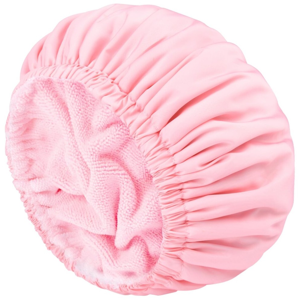 Pink Shower Cap for Women Terry Lined Bath Cap Large Reusable Waterproof Elastic Band Shower Caps for Long Thick Hair Soft Bath Shower Hair Caps