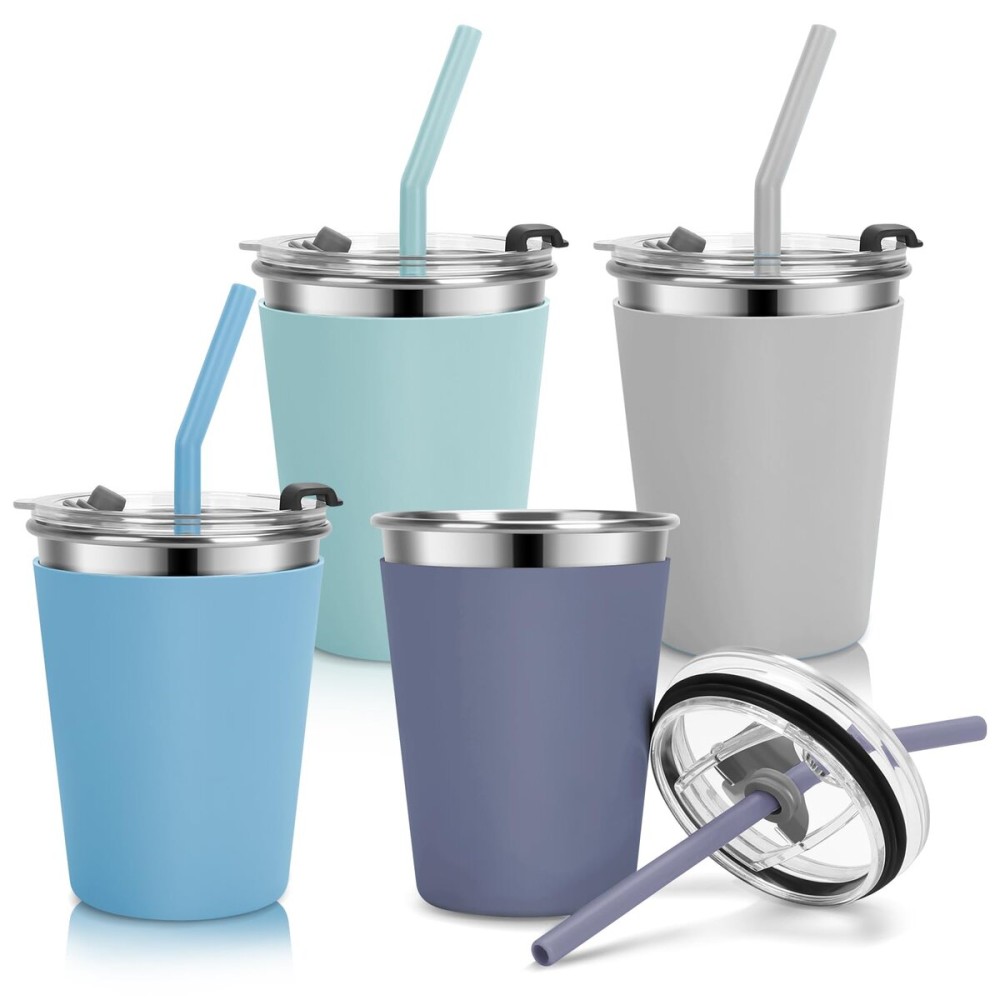 Vermida Kids Cups with Straws and Lids Leak Proof, 12oz Sippy Cups for Toddlers 1-3, Spill Proof Cup Stainless Steel Kids Cups with Lids for Home School, Outdoor, 4 Pack
