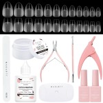 Makartt Nail Glue and Tips Kit: 15ML Solid Gel with Almond & Coffin Pre-Buffed Fake Nails, Portable UV Lamp, Base and Top Coat, Nipper, Cuticle Remover and File for DIY Art Manicure