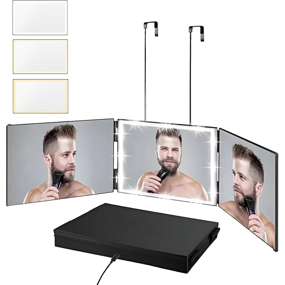 Vanexiss Rechargeable 3 Way Mirror for Hair Cutting, Real Glass Adjustable Trifold Mirror with 3 Color Temps LED Light & Telescoping Hooks for Makeup, Shaving & Styling(White)