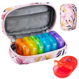 Serfeymi Weekly Travel Pill Organizer 2 Times A Day AM PM Upgraded Rainbow Pill Box 7 Day with Portable Zipper PU Leather Pill Case, Medicine Organizer for Pills, Vitamins, Fish Oils - Pink 03