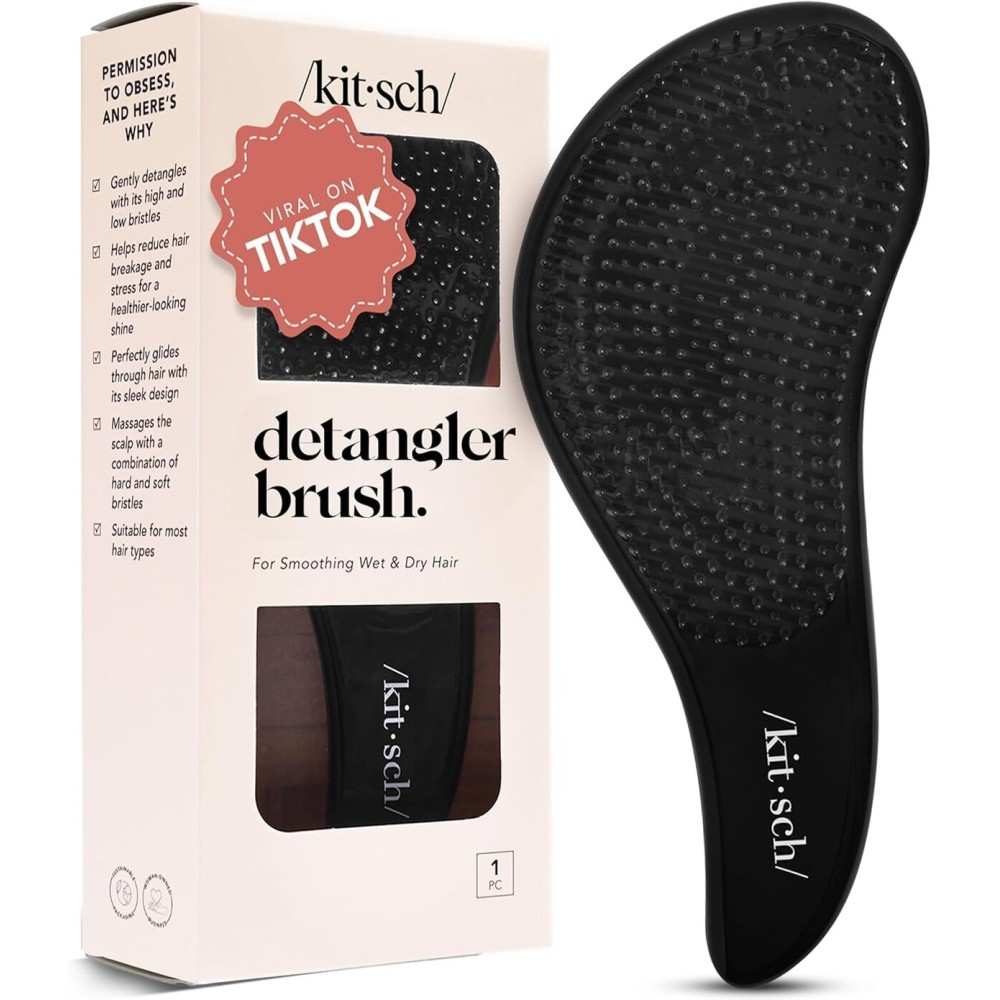 Kitsch Detangler Brush - Gentle Curly Hair Brush with Flexible Bristles for All Hair Types - Wet or Dry | Detangling Hair Brushes for Women & Men, Adults & Kids - Black
