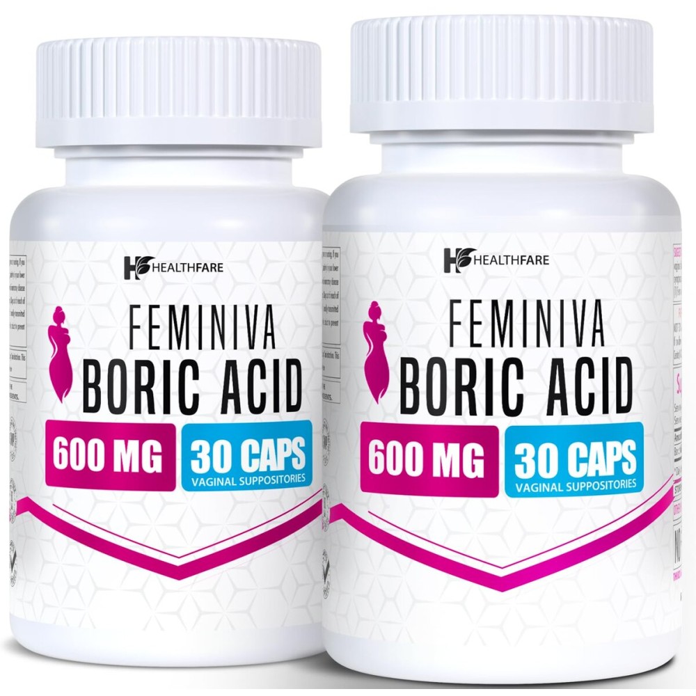 Healthfare Feminiva Boric Acid Suppositories | 2-Pack | 30 Vaginal Suppositories Each | 600mg | 100% Pure | Made in The USA